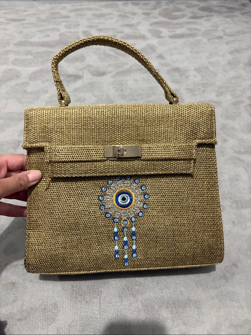 Gold Woven Top-Handle Bag with Blue Bead Embellishment